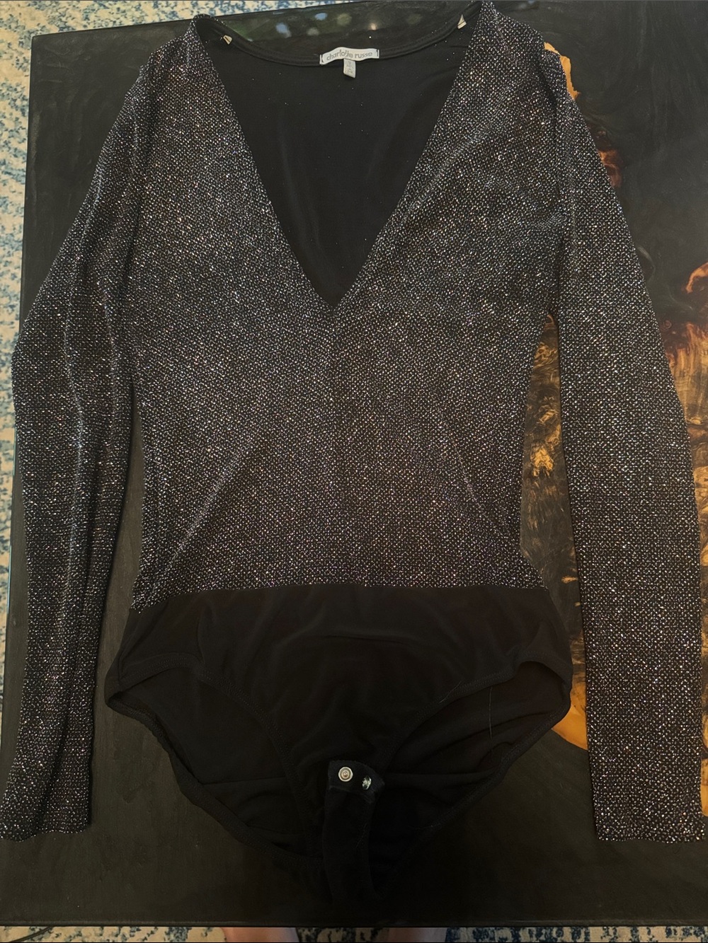 Charlotte Russe Black Sparkle Long-Sleeve V-Neck Bodysuit